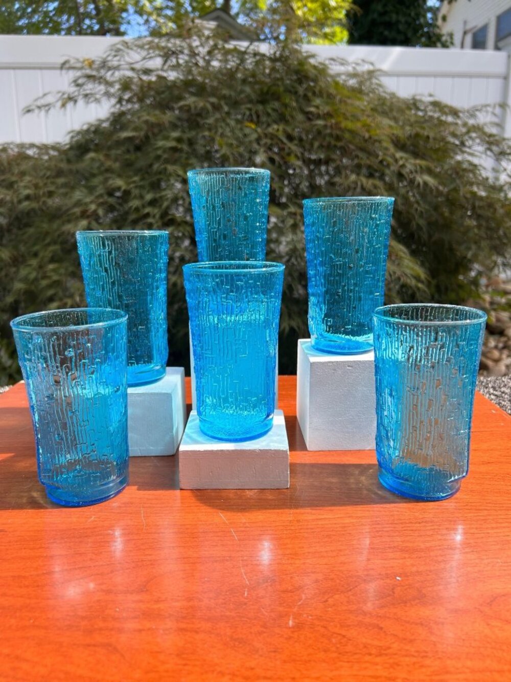 Anchor Hocking Pagoda Laser Blue Vintage Glass Tumblers.